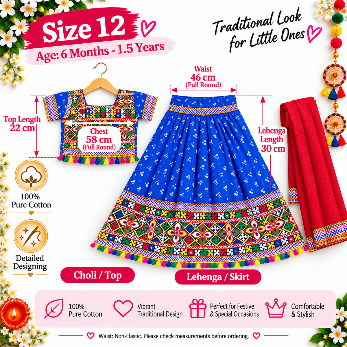 Girls Royal Blue Pure Cotton Ghagra Choli Set with Red Dupatta – Traditional Navratri Lehenga