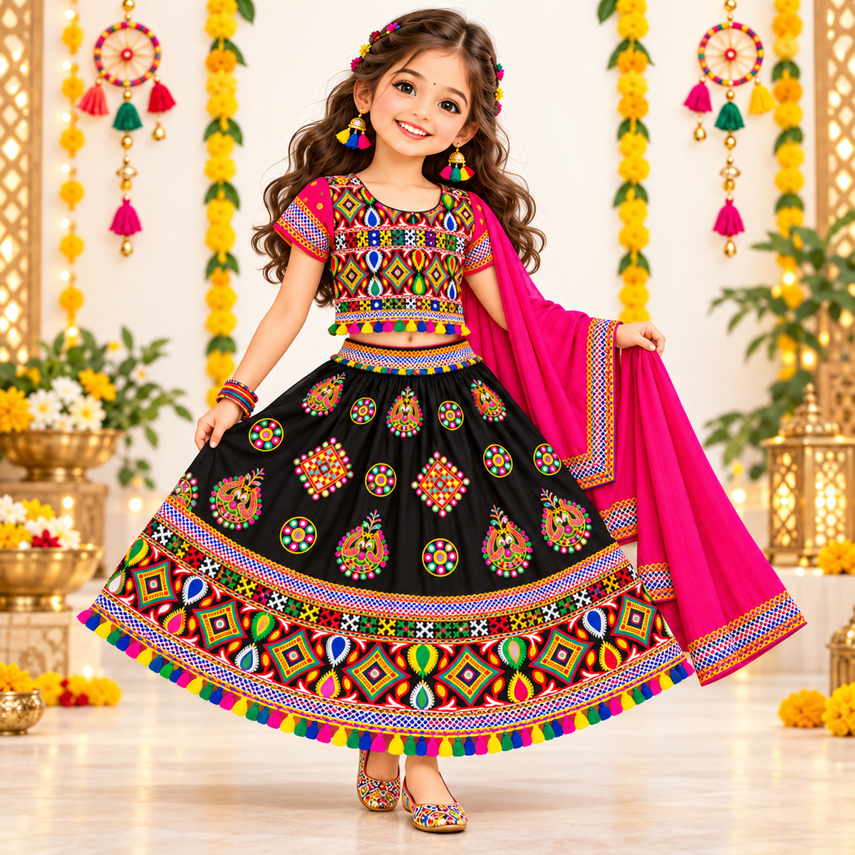 Girls Black Multicolor Pure Cotton Garba Lehenga Choli Set with Pink Dupatta