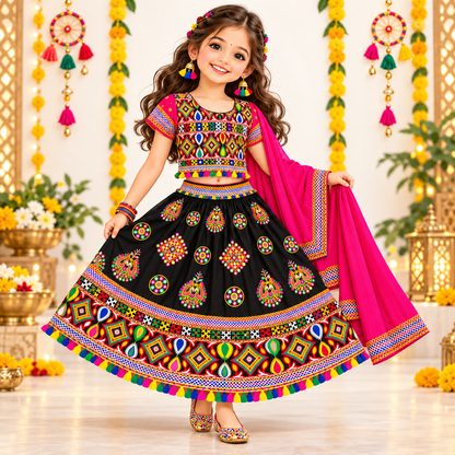 Girls Black Multicolor Pure Cotton Garba Lehenga Choli Set with Pink Dupatta