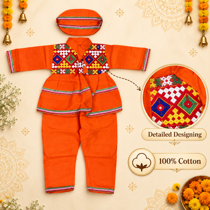 Boys Traditional Orange Kutchi Embroidered Kurta Pant Set with Cap – 100% Cotton