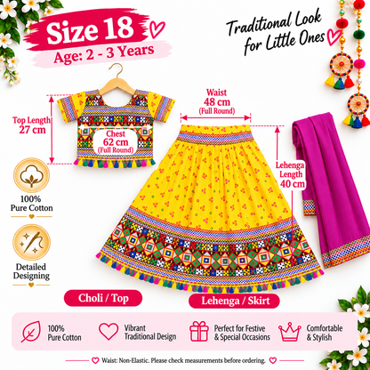 Girls Yellow Pure Cotton Ghagra Choli Set with Rani Pink Dupatta – Traditional Navratri Lehenga