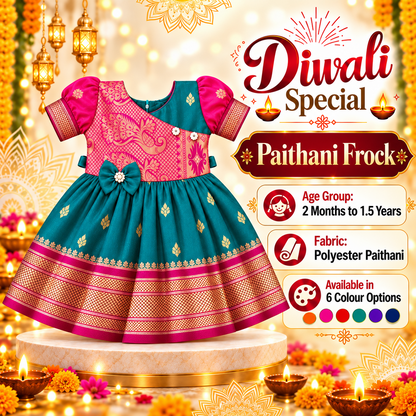 Girls Peacock Green & Pink Luxury Paithani Frock with Floral Design | Baby Girls Wedding & Party Wear