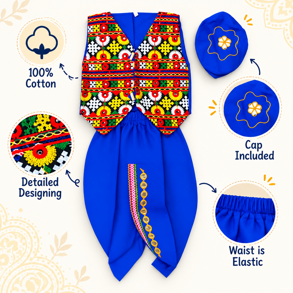 Boys Blue Traditional Kutchi Embroidered Jacket Dhoti Set with Cap – 100% Cotton