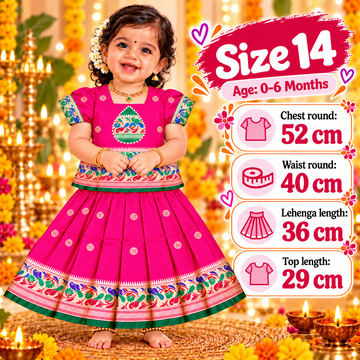 Girls Rani Pink Designer Pattu Pavadai Skirt & Top Set | Peacock Border Ethnic Party Wear