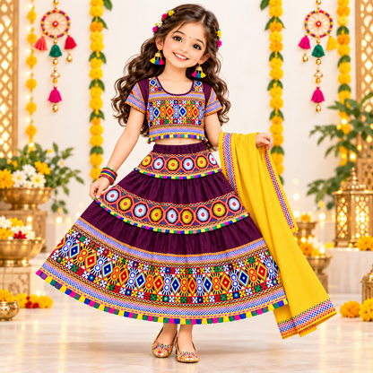 Girls Wine Purple Traditional Cotton Lehenga Choli Set with Mustard Dupatta