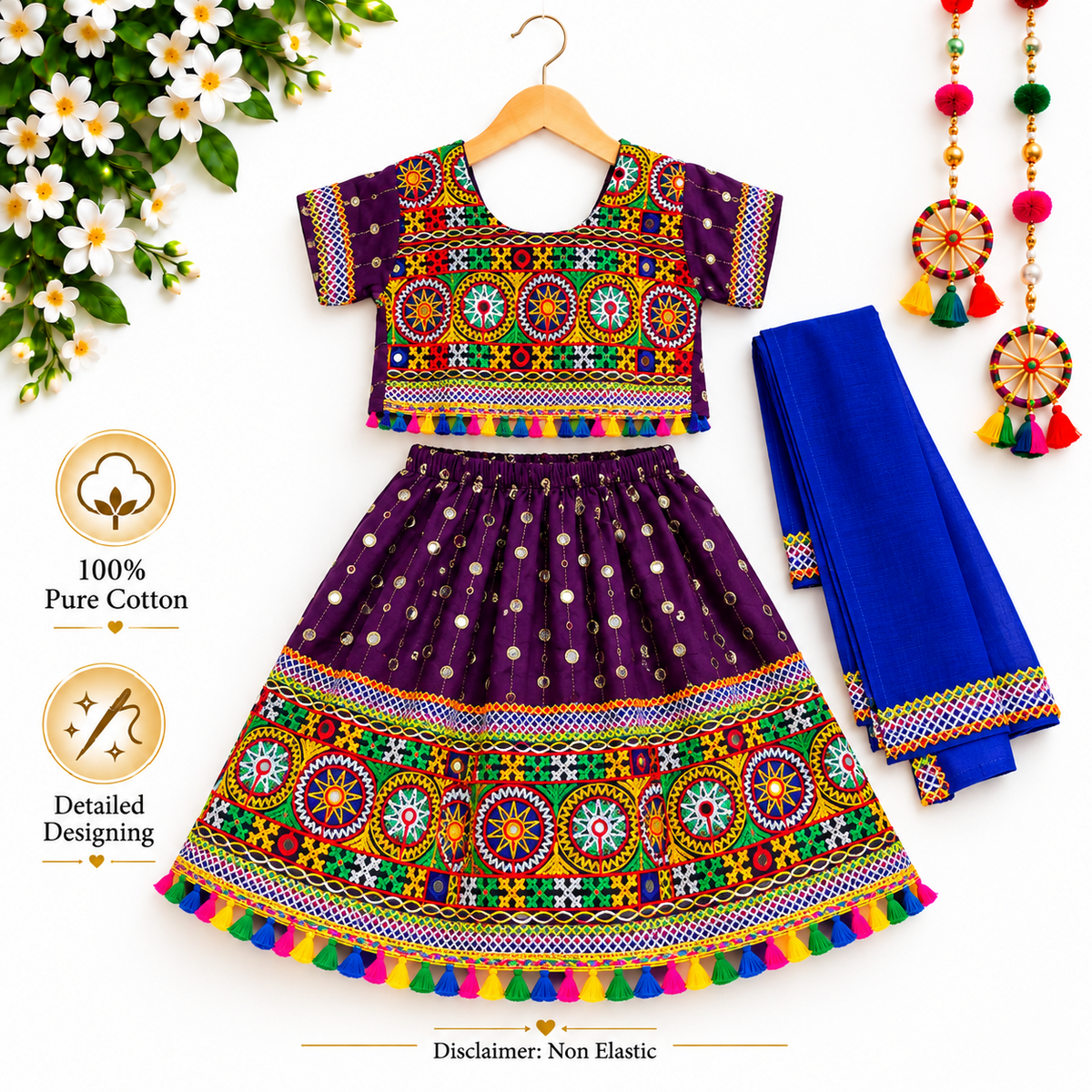 Girls Purple Traditional Lehenga Choli Set with Royal Blue Dupatta – 100% Pure Cotton Festive Wear