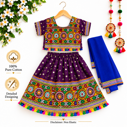 Girls Purple Traditional Lehenga Choli Set with Royal Blue Dupatta – 100% Pure Cotton Festive Wear