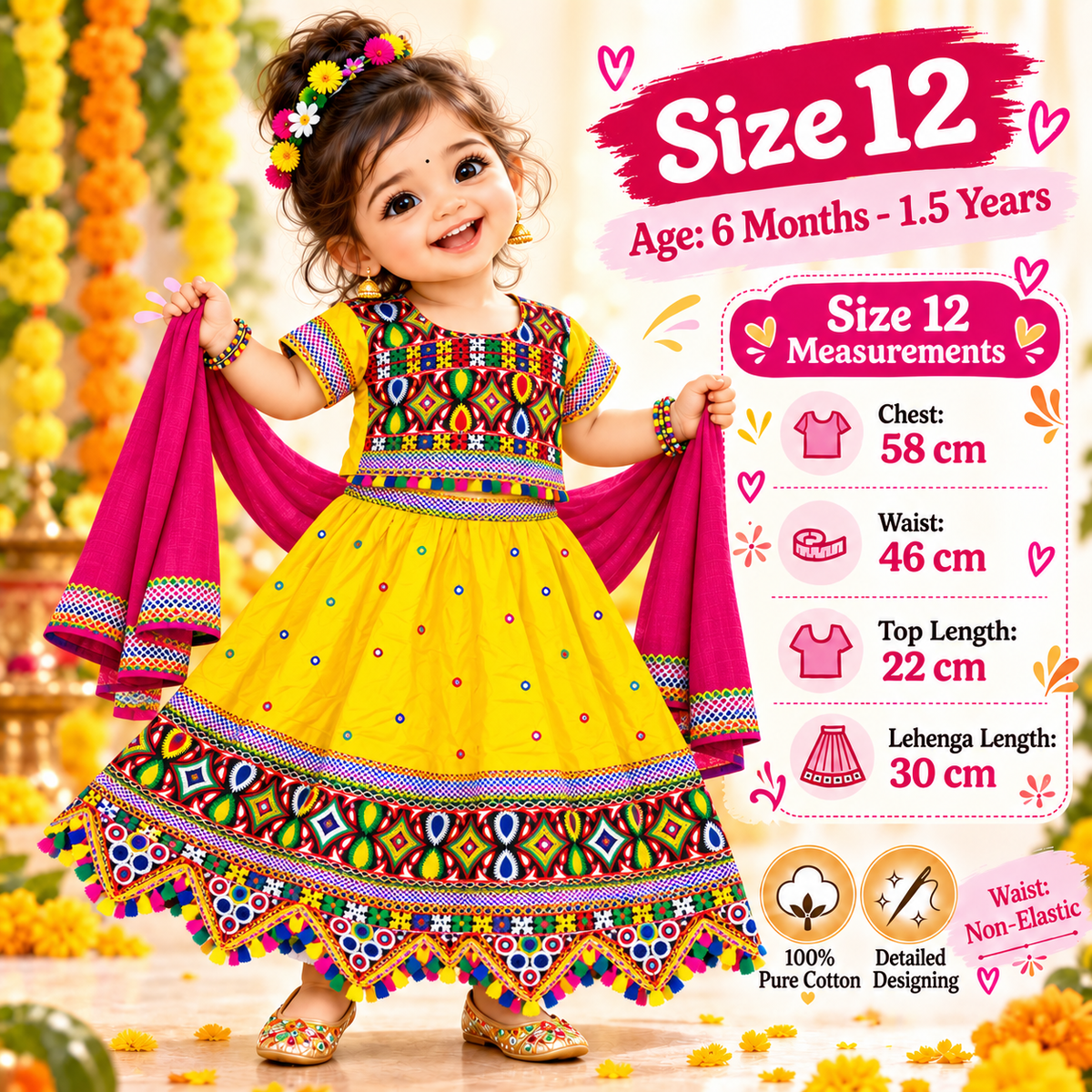 Girls Yellow Multicolor Pure Cotton Garba Lehenga Choli Set with Pink Dupatta