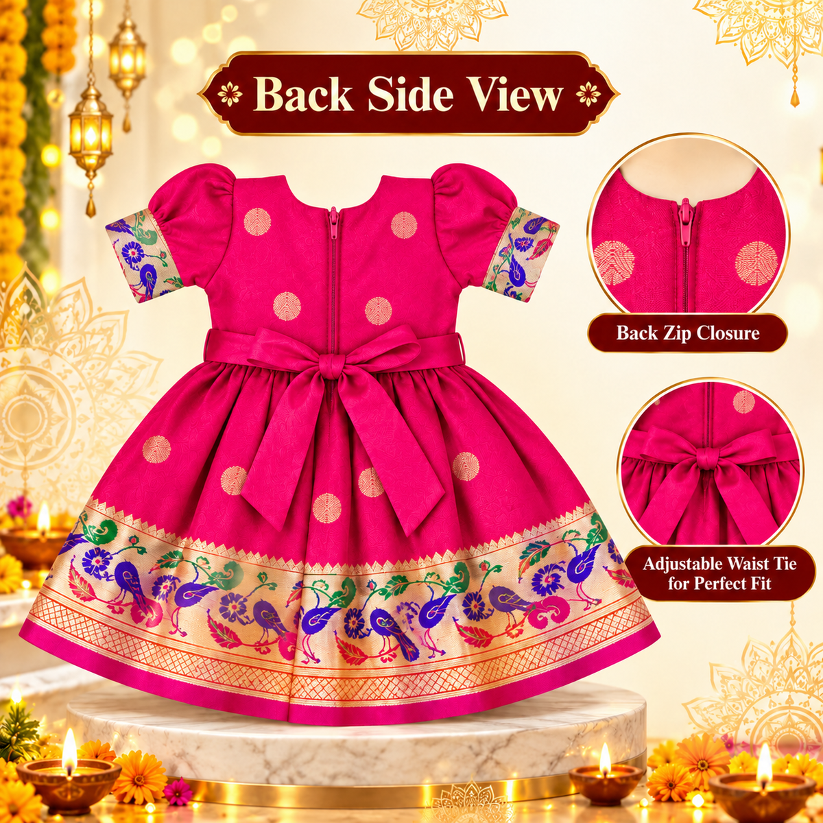 Girls Rani Pink Paithani Frock Dress | Traditional Indian Festive Wear | Wedding & Party Special