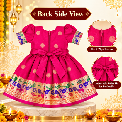 Girls Rani Pink Paithani Frock Dress | Traditional Indian Festive Wear | Wedding & Party Special