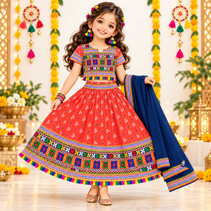 Girls Coral Orange Traditional Lehenga Choli Set with Navy Blue Dupatta – 100% Pure Cotton Festive Wear