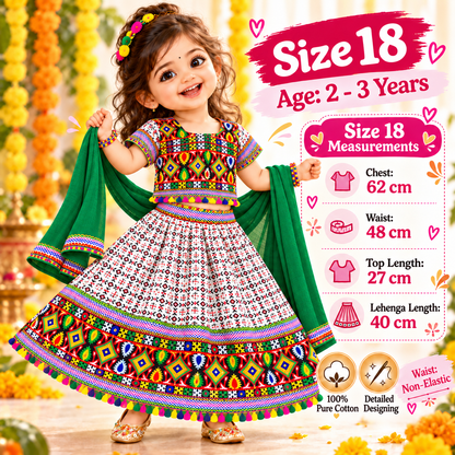 Girls White Multicolor Pure Cotton Garba Lehenga Choli Set with Green Dupatta