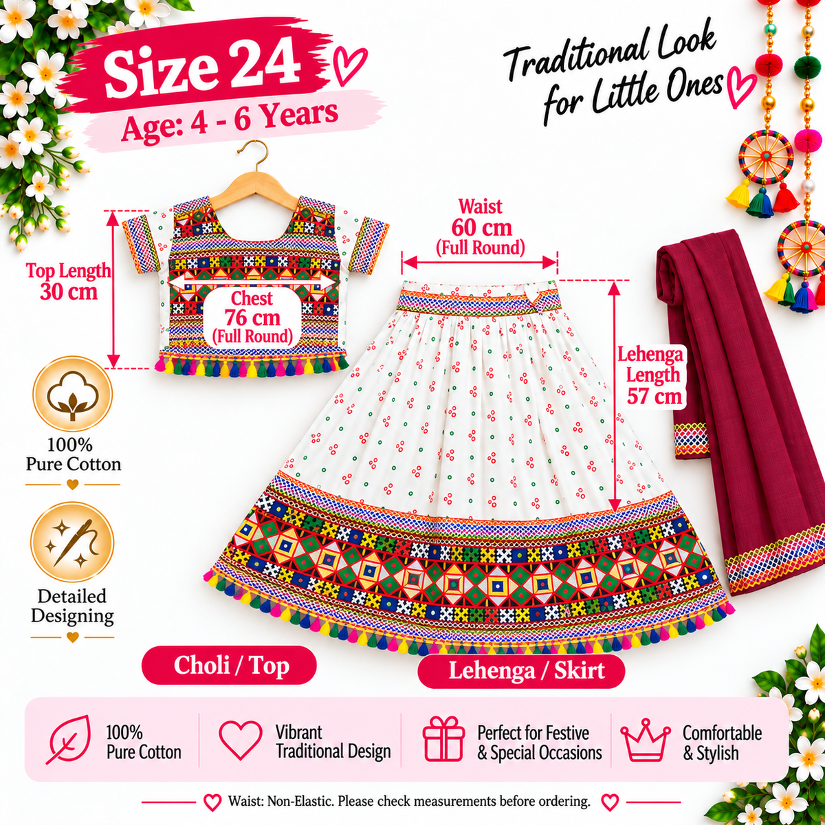 Girls White Pure Cotton Ghagra Choli Set with Maroon Dupatta – Traditional Navratri Lehenga
