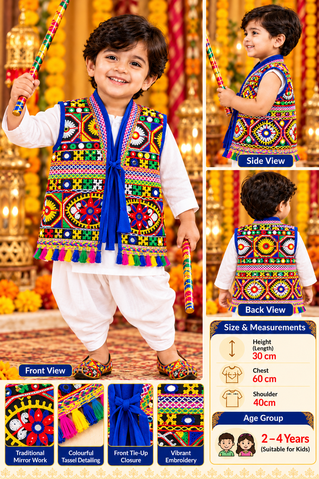 Kids Navratri Kutch Embroidered Jacket | Multicolour Traditional Mirror Work & Tassel Jacket | 1-2 Years