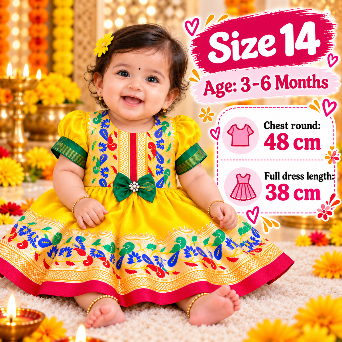 Girls Yellow Paithani Frock Dress | Traditional Indian Ethnic Wear | Diwali & Festive Special