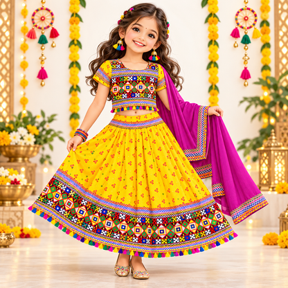 Girls Yellow Pure Cotton Ghagra Choli Set with Rani Pink Dupatta – Traditional Navratri Lehenga