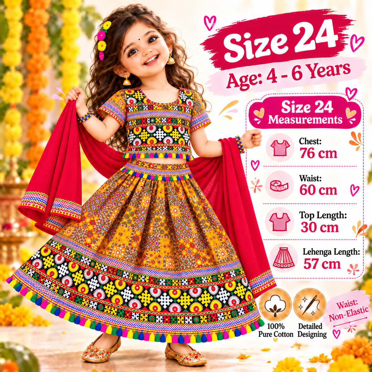 Girls Mustard Orange Multicolor Pure Cotton Patchwork Lehenga Choli Set with Red Dupatta