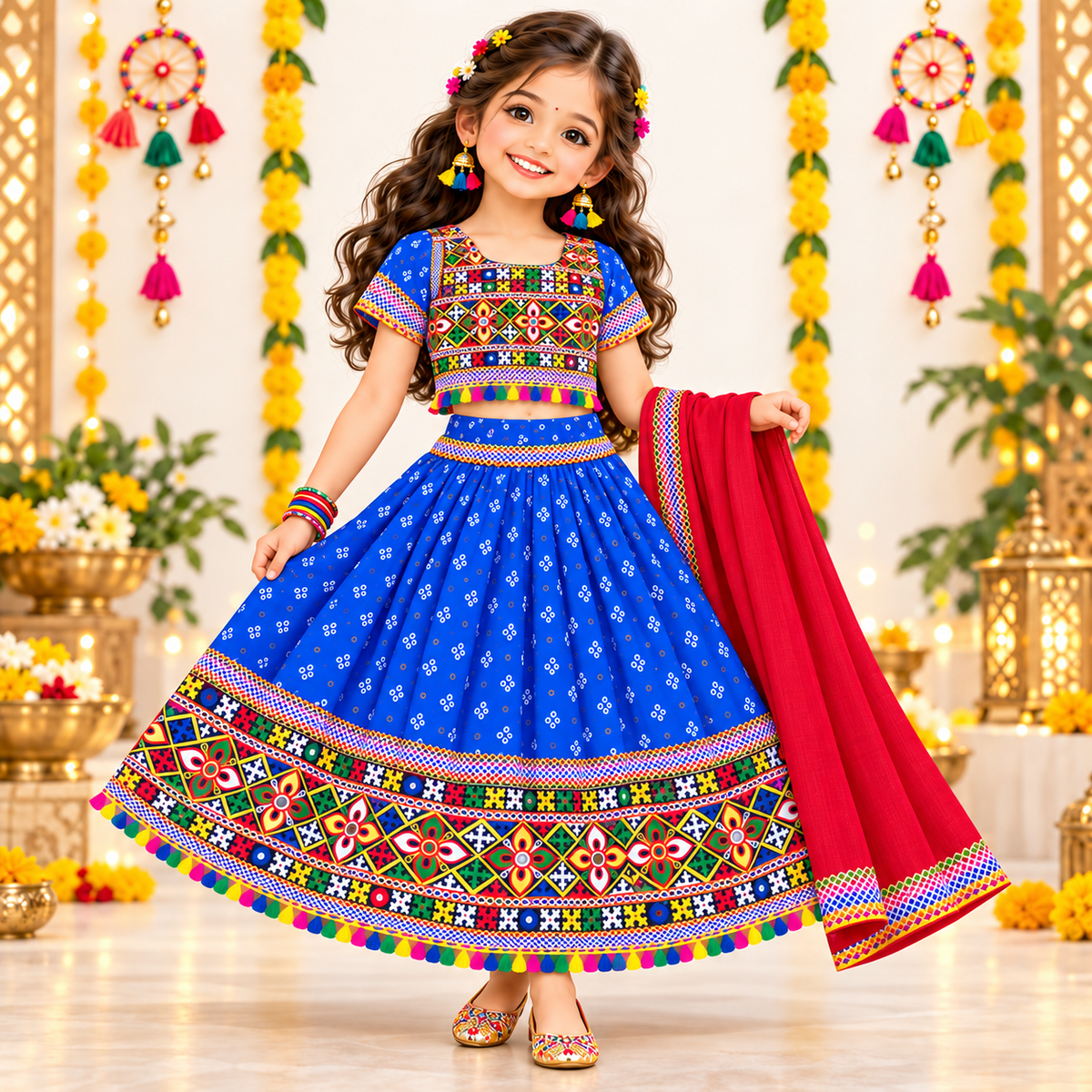 Girls Royal Blue Pure Cotton Ghagra Choli Set with Red Dupatta – Traditional Navratri Lehenga