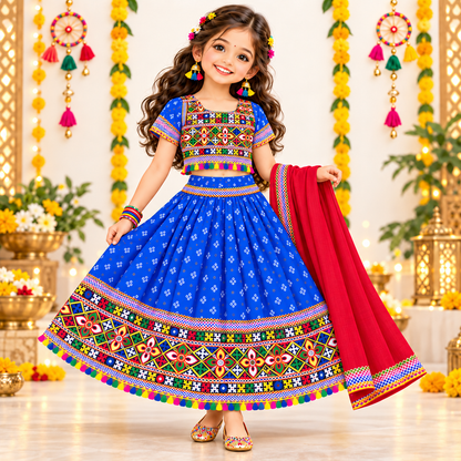 Girls Royal Blue Pure Cotton Ghagra Choli Set with Red Dupatta – Traditional Navratri Lehenga