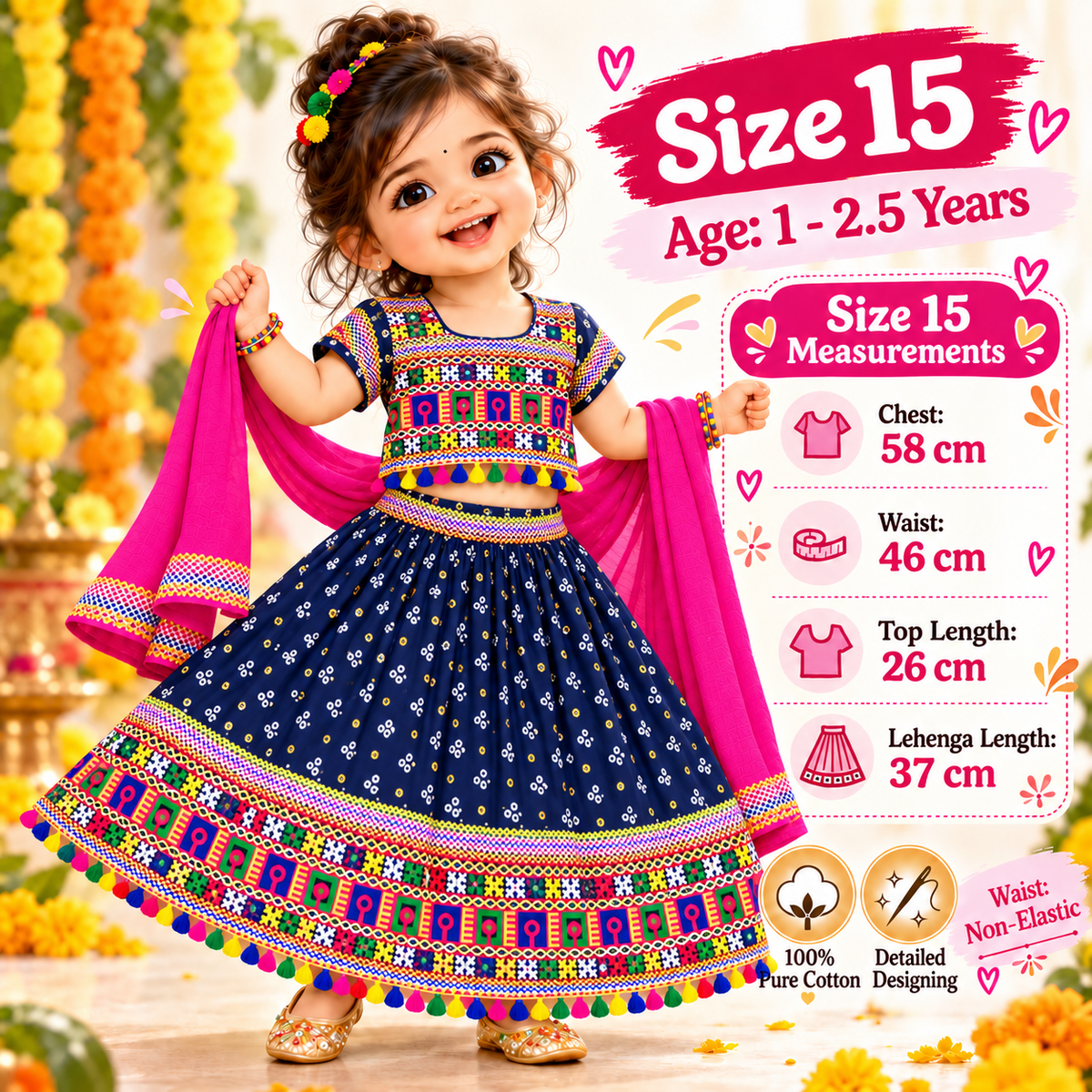 Girls Navy Blue Pure Cotton Ghagra Choli Set with Pink Dupatta – Traditional Navratri Lehenga