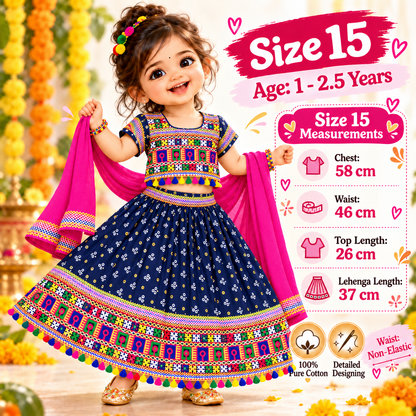 Girls Navy Blue Pure Cotton Ghagra Choli Set with Pink Dupatta – Traditional Navratri Lehenga