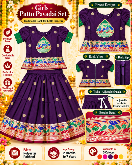 Girls Royal Purple Heritage Pattu Pavadai Dress Set | Traditional Peacock Design Festive Lehenga
