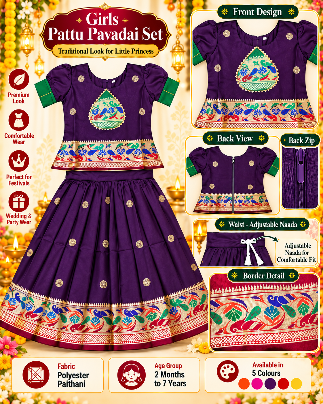Girls Royal Purple Heritage Pattu Pavadai Dress Set | Traditional Peacock Design Festive Lehenga