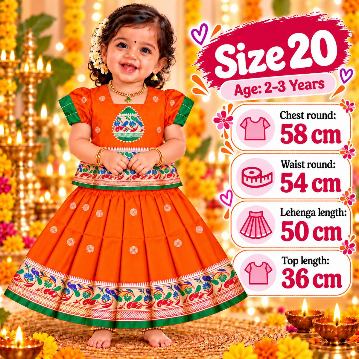 Girls Orange Peacock Design Pattu Pavadai Lehenga Set | Traditional Indian Festive & Wedding Wear