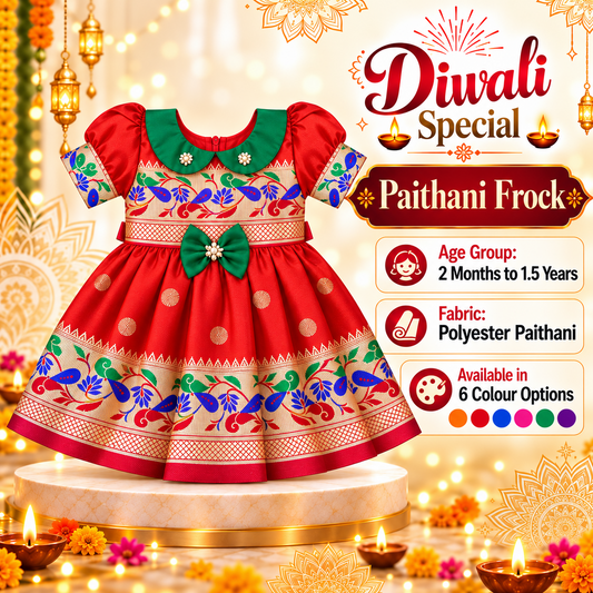 Girls Bright Red Festive Peacock Frock with Green Bow | Baby Girls Indian Ethnic Party Dress