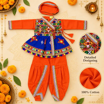 Boys Festive Orange Embroidered Jacket & Dhoti Set with Matching Cap – 100% Cotton