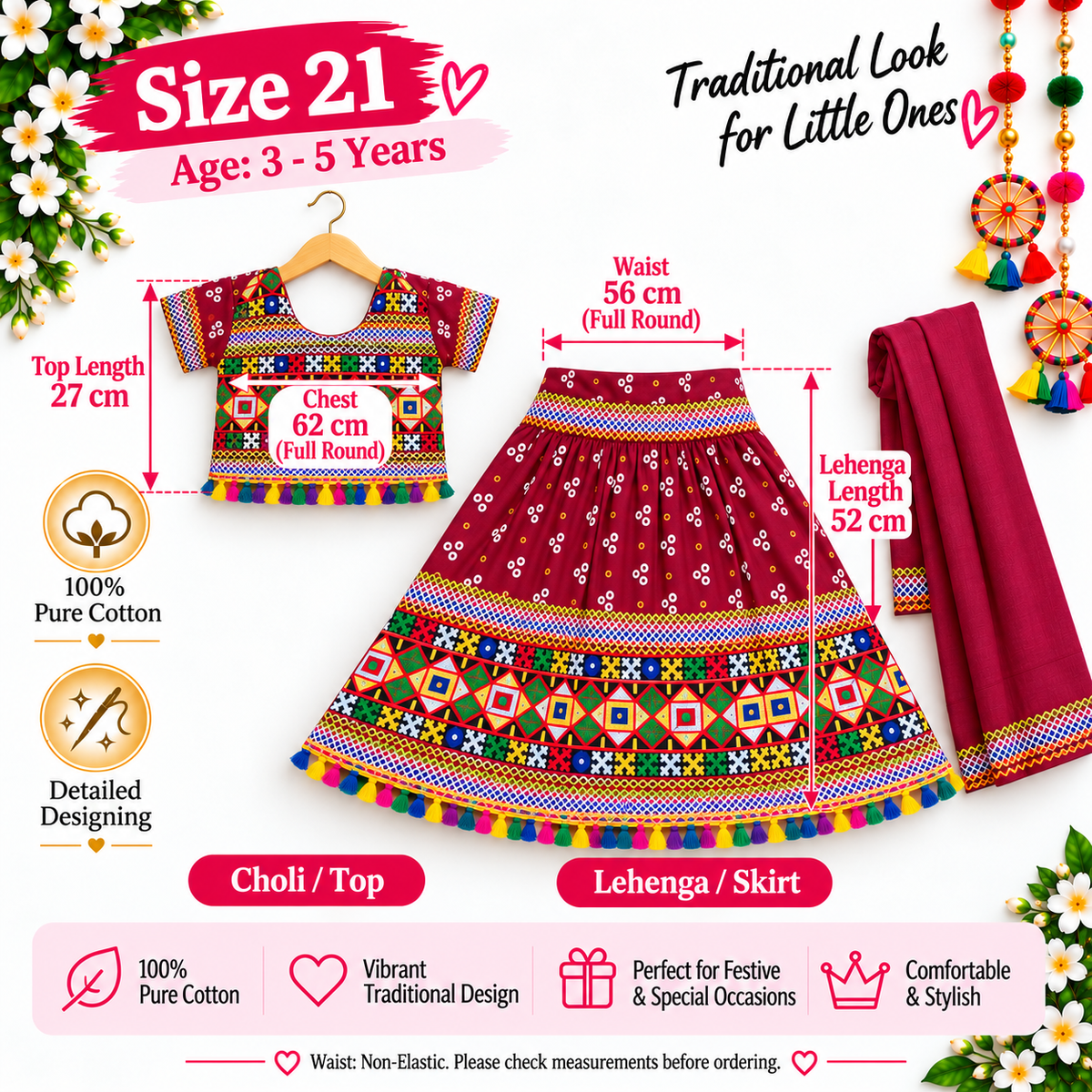 Girls Maroon Pure Cotton Ghagra Choli Set with Matching Dupatta – Traditional Navratri Lehenga