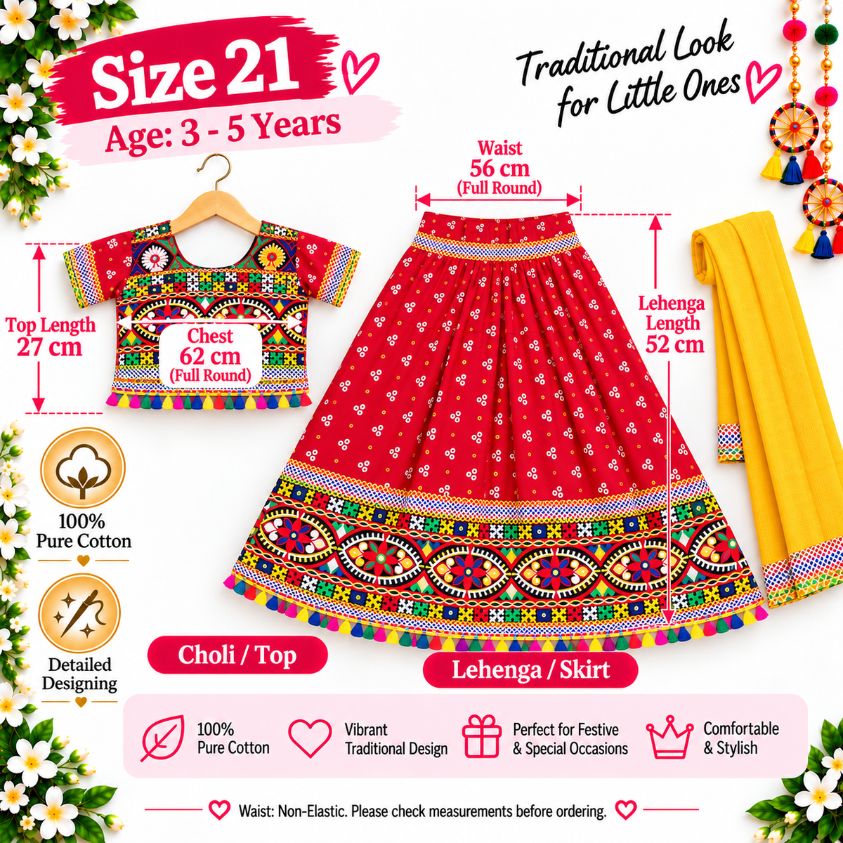 Girls Red Pure Cotton Ghagra Choli Set with Yellow Dupatta – Traditional Navratri Lehenga