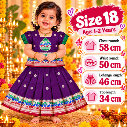 Girls Royal Purple Heritage Pattu Pavadai Dress Set | Traditional Peacock Design Festive Lehenga