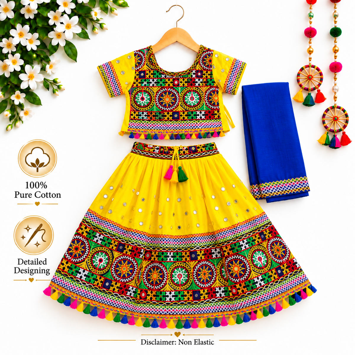 Girls Yellow Traditional Lehenga Choli Set with Blue Dupatta – 100% Pure Cotton Festive Wear