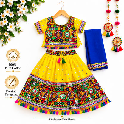 Girls Yellow Traditional Lehenga Choli Set with Blue Dupatta – 100% Pure Cotton Festive Wear