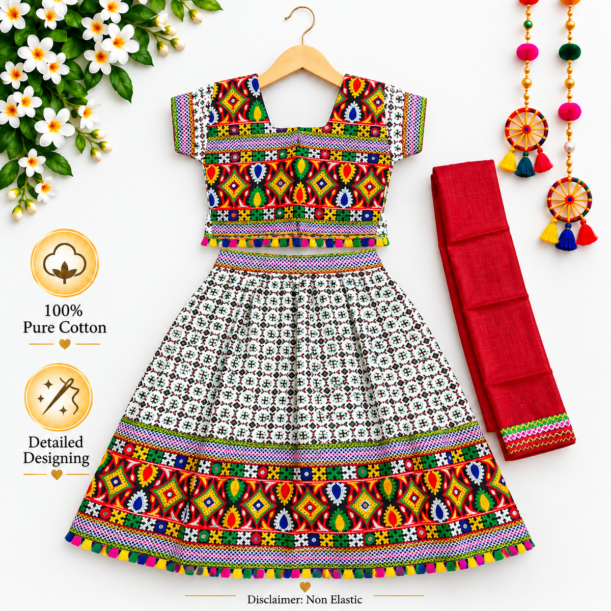 Girls White Multicolor Pure Cotton Garba Lehenga Choli Set with Red Dupatta