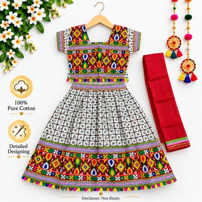 Girls White Multicolor Pure Cotton Garba Lehenga Choli Set with Red Dupatta