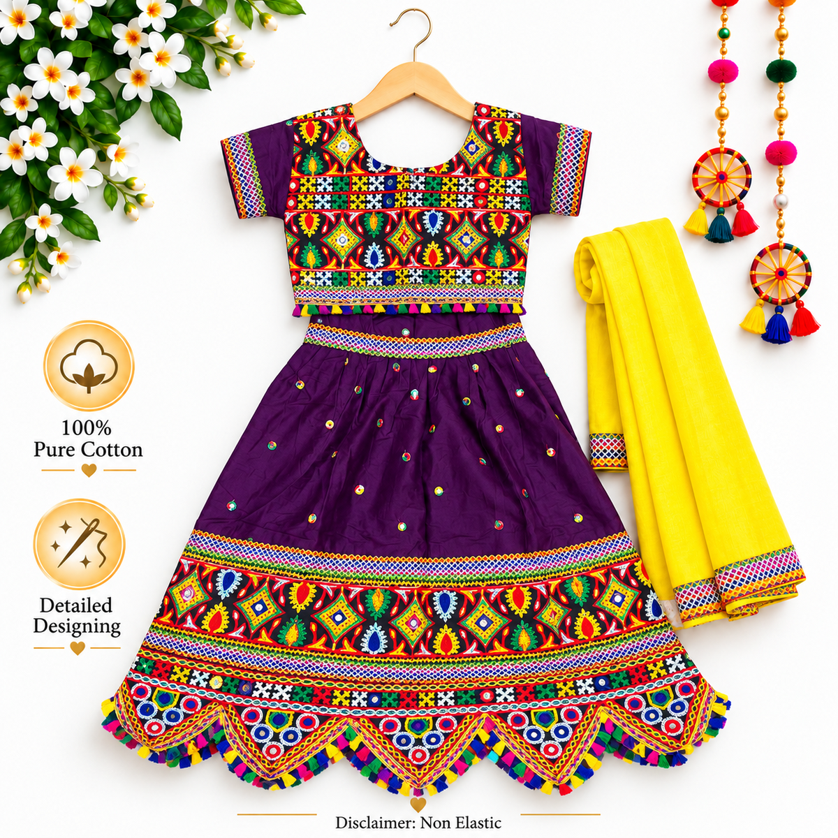 Girls Purple Multicolor Pure Cotton Garba Lehenga Choli Set with Yellow Dupatta