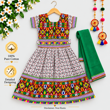 Girls White Multicolor Pure Cotton Garba Lehenga Choli Set with Green Dupatta