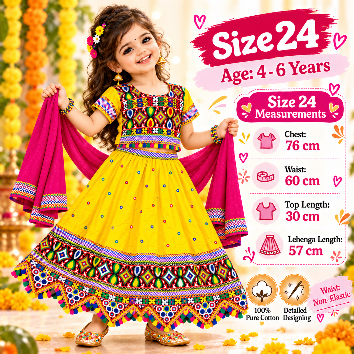 Girls Yellow Multicolor Pure Cotton Garba Lehenga Choli Set with Pink Dupatta