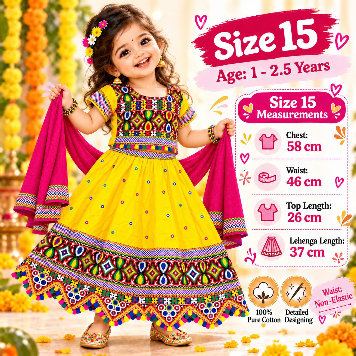 Girls Yellow Multicolor Pure Cotton Garba Lehenga Choli Set with Pink Dupatta