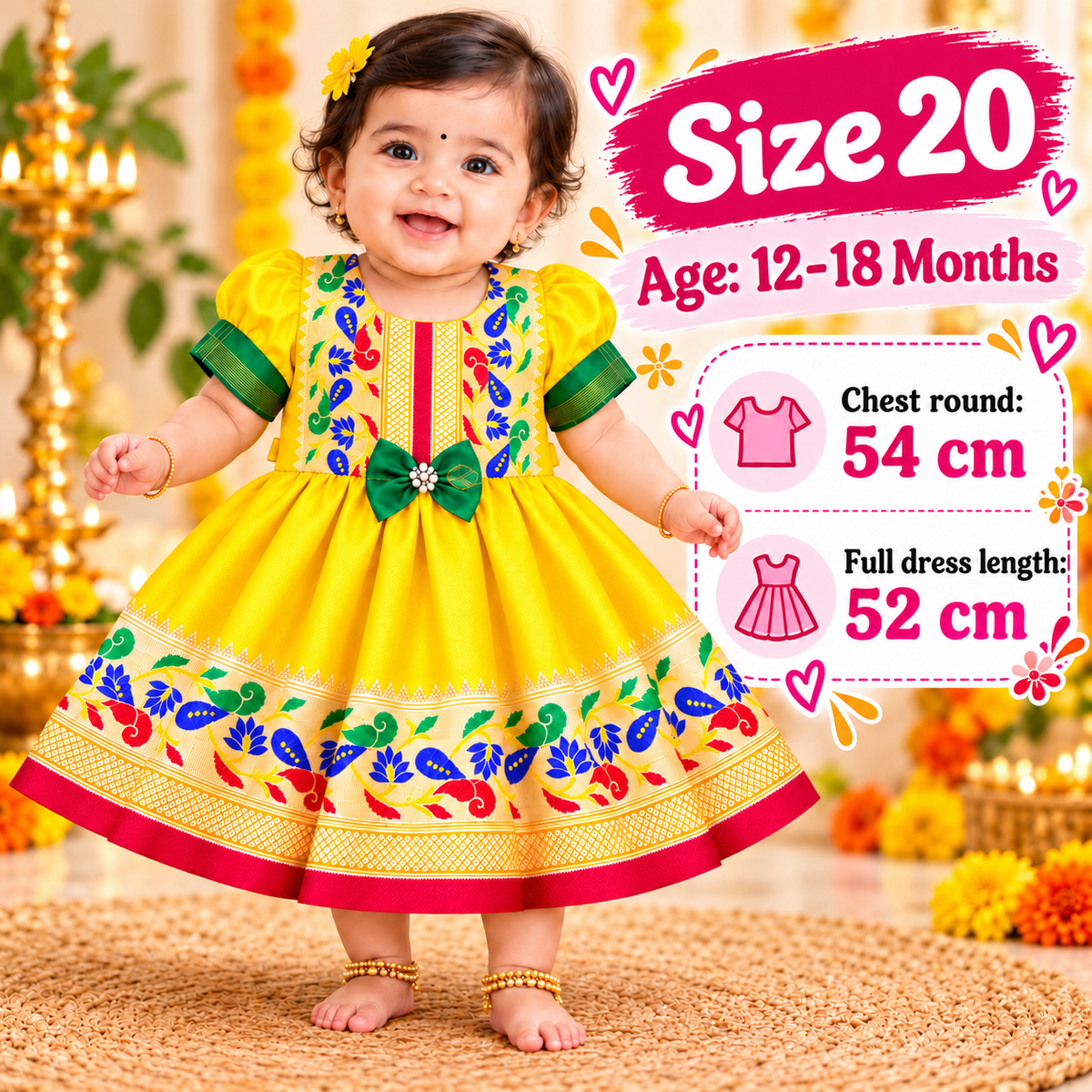 Girls Yellow Paithani Frock Dress | Traditional Indian Ethnic Wear | Diwali & Festive Special