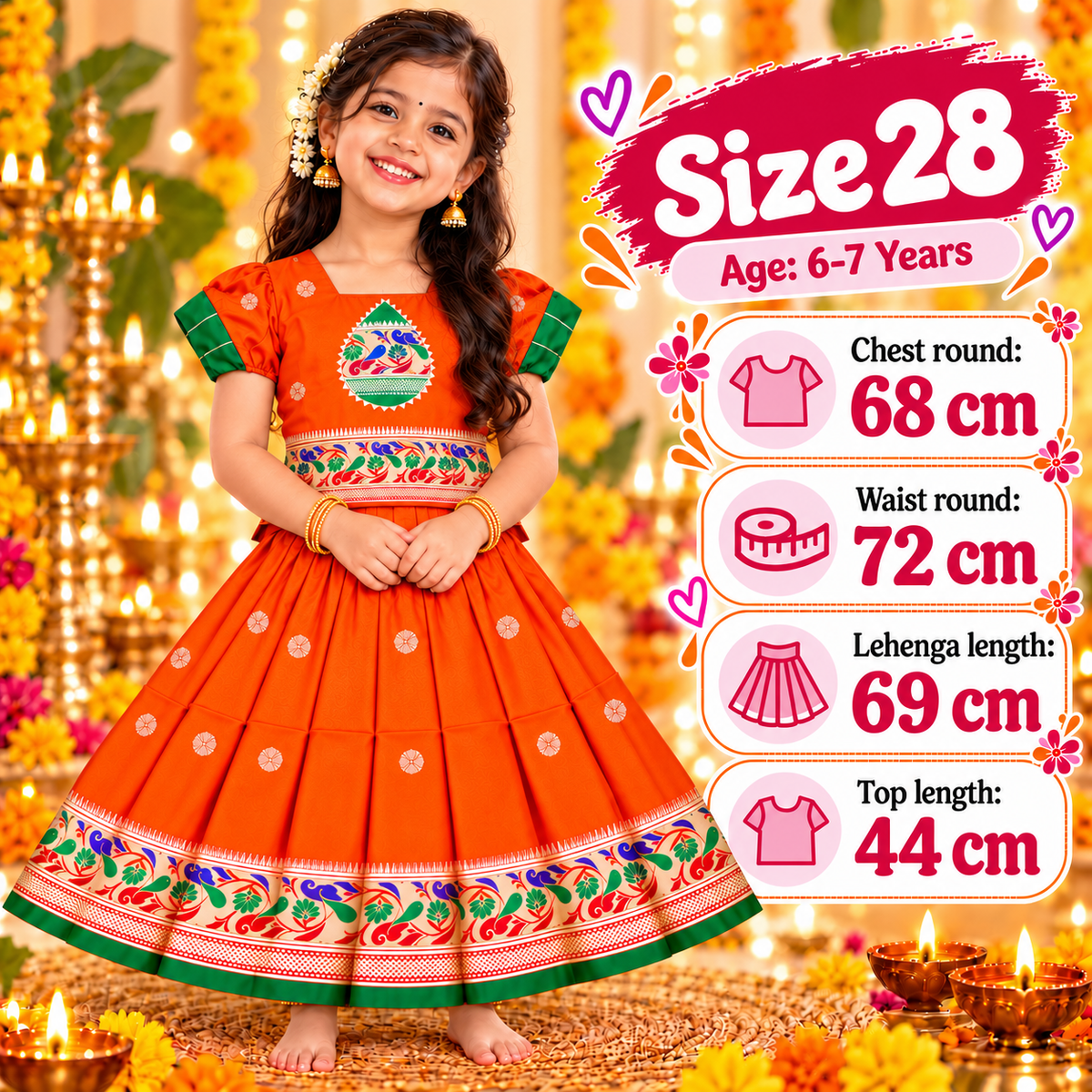 Girls Orange Peacock Design Pattu Pavadai Lehenga Set | Traditional Indian Festive & Wedding Wear