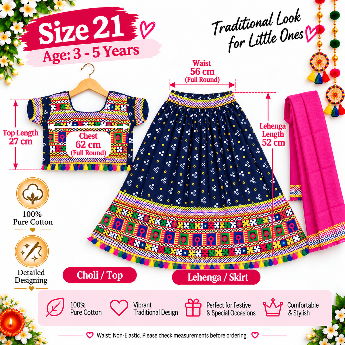 Girls Navy Blue Pure Cotton Ghagra Choli Set with Pink Dupatta – Traditional Navratri Lehenga