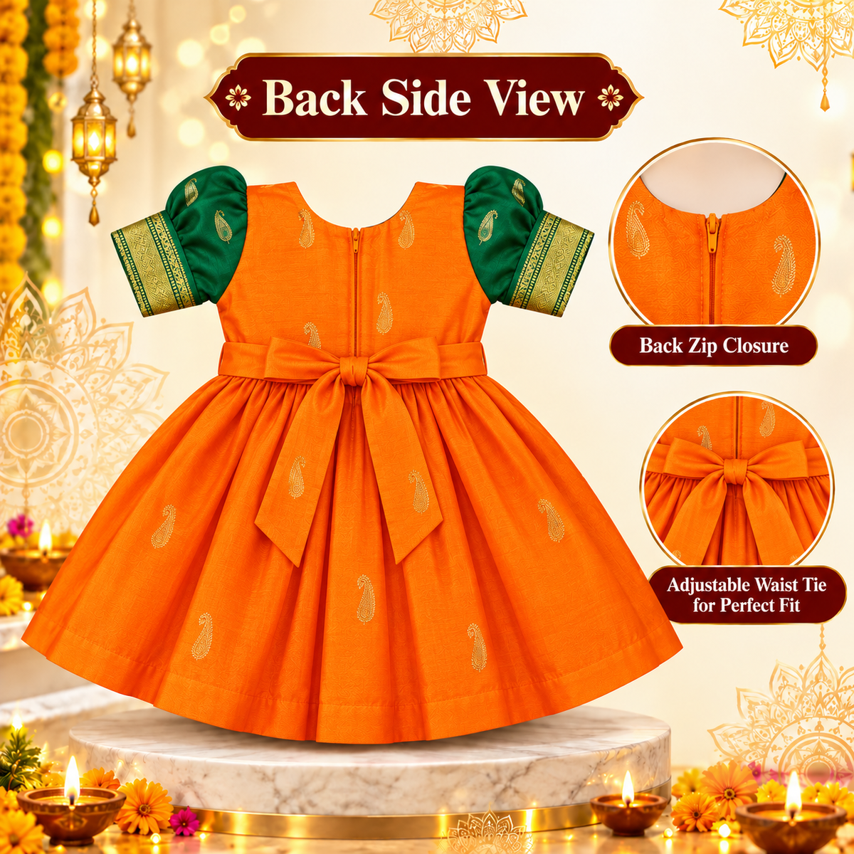 Girls Orange & Green Designer Paithani Frock with Golden Border | Baby Girls Festive & Wedding Wear