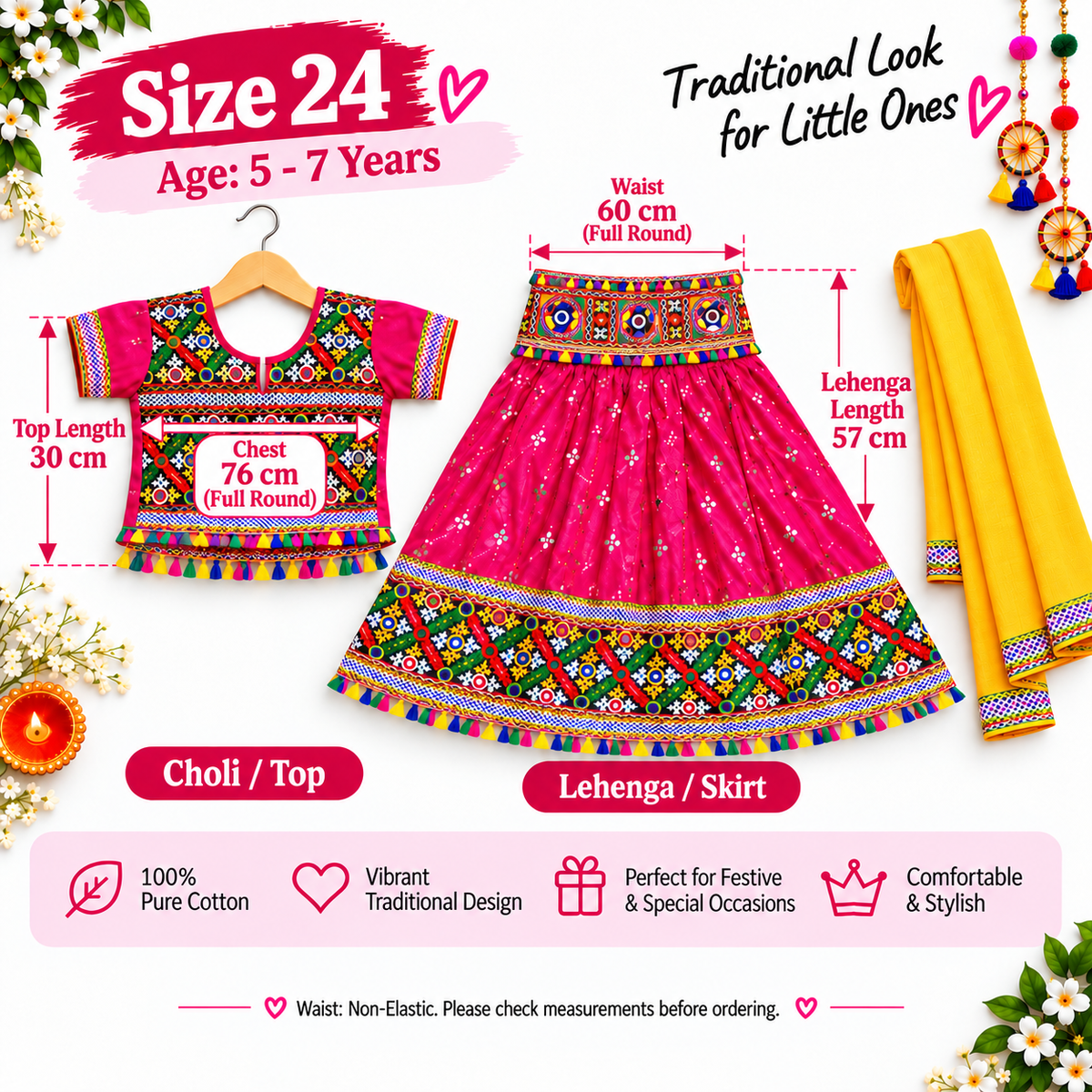 Girls Pink Multicolor Pure Cotton Garba Lehenga Choli Set with Yellow Dupatta