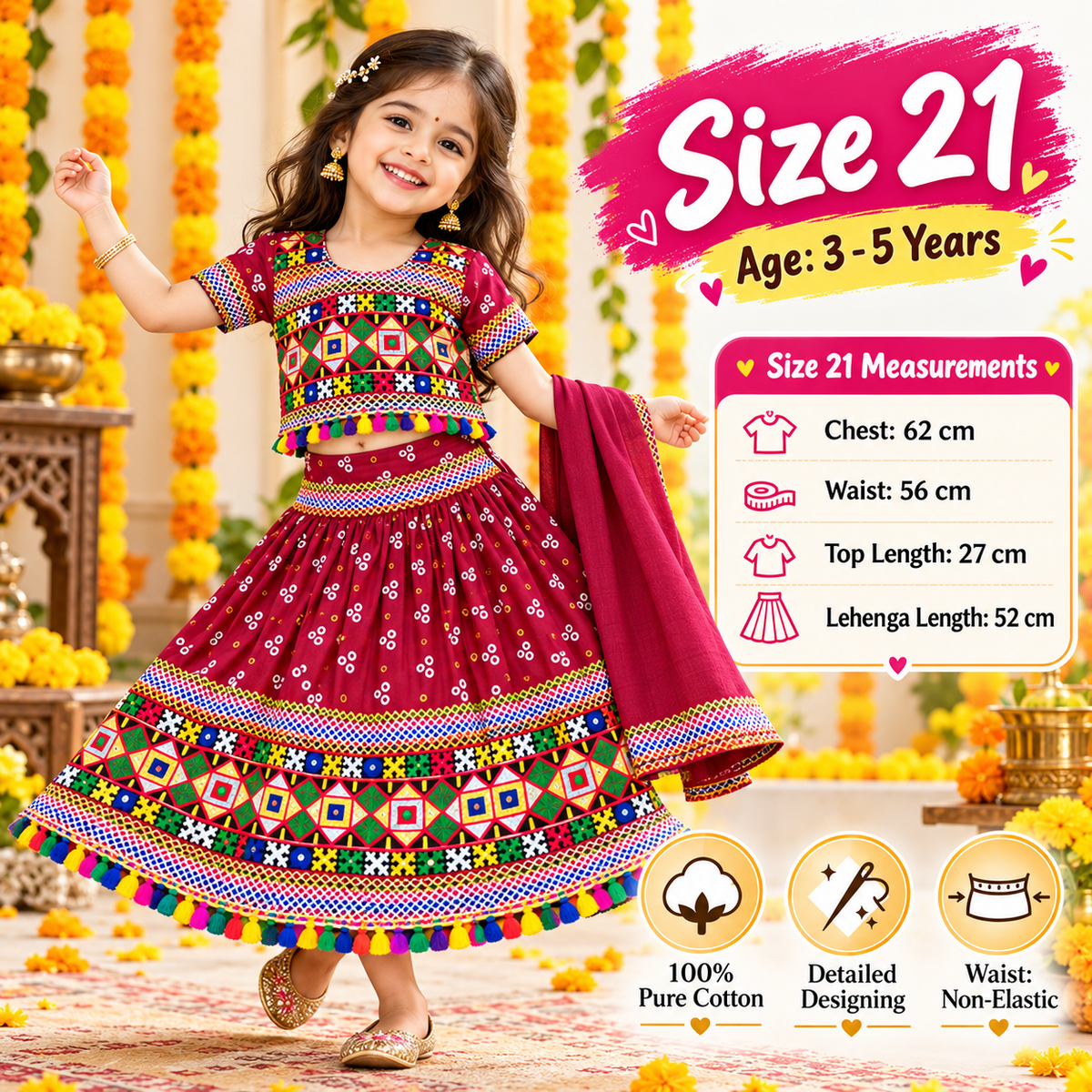 Girls Maroon Pure Cotton Ghagra Choli Set with Matching Dupatta – Traditional Navratri Lehenga