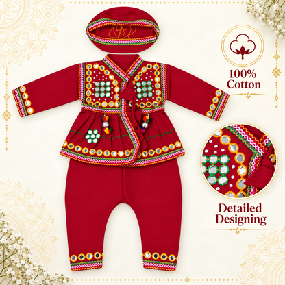Boys Traditional Kutchi Mirror Work Kurta Pant Set with Cap – 100% Cotton