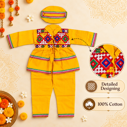 Boys Traditional Yellow Kutchi Embroidered Kurta Pant Set with Cap – 100% Cotton