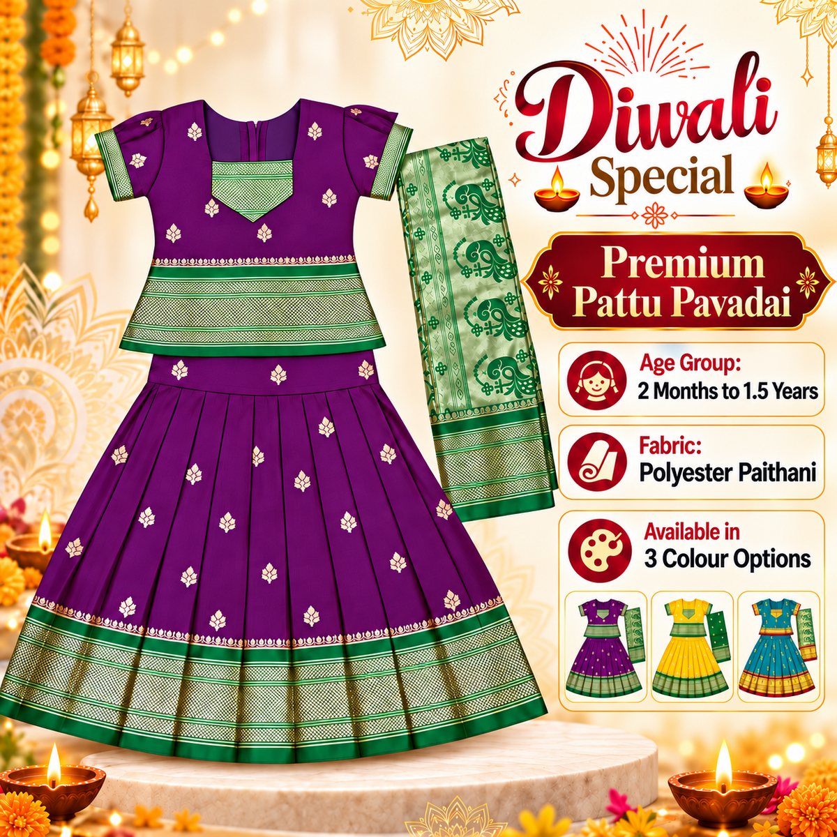 Girls Royal Purple Pattu Pavadai Lehenga Set with Green Dupatta | Premium Baby Girls Festive & Wedding Wear